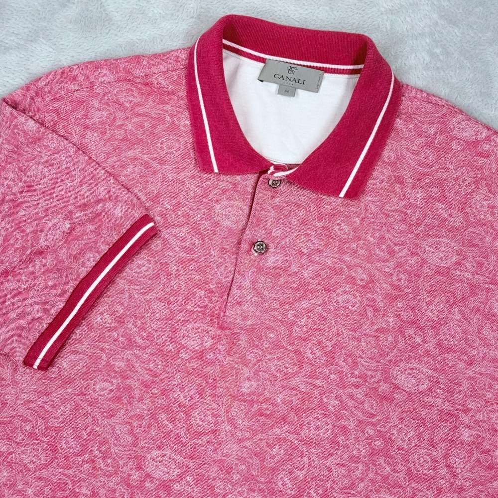 Canali Polo Shirt Mens 54 IT Pink Floral Paisley Short Sleeve Cotton Made Italy